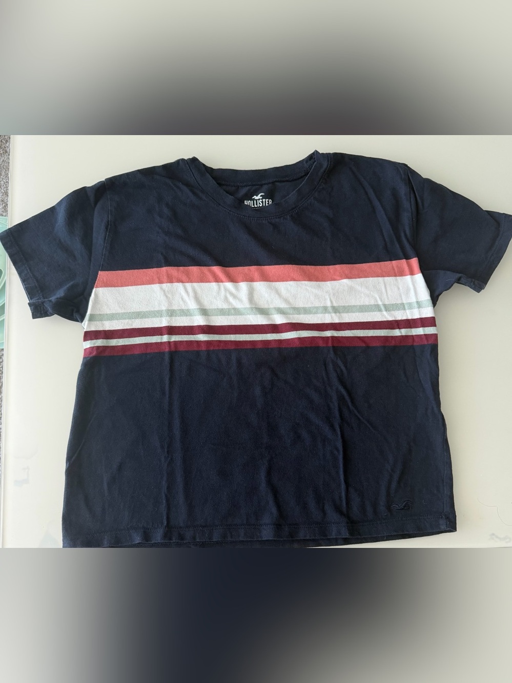 Hollister Navy Short Sleeve Tee with Coral, White & Burgundy Stripes